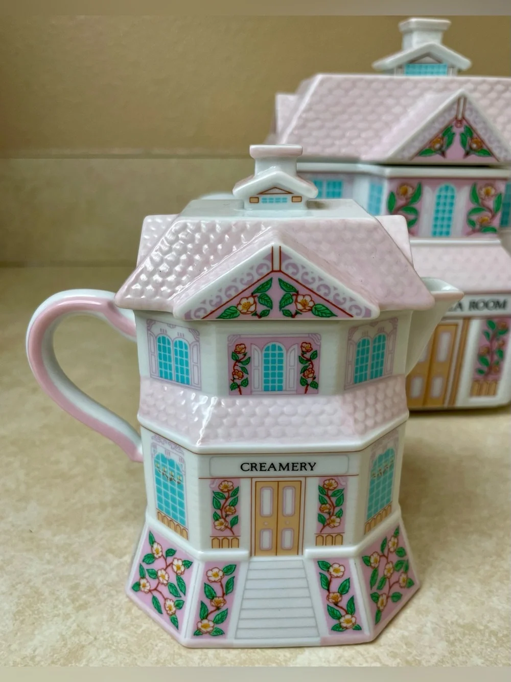 Lenox Village Tea Room 3 Pc Set  Teapot, Creamer, Sugar w/ Spoon  Vintage 1991